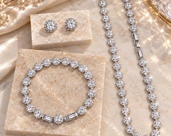 Parure de bijoux en cristal Swarovski, collier, bracelet et boucles d'oreilles tennis, bijoux de mariée en argent, cadeau étincelant pour un anniversaire de mariage.
