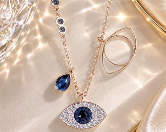 Swarovski Evil Eye Necklace, Blue Crystal Pendant, Rose Gold Eye Jewelry, Lucky Protection Necklace, Birthday Gift for Her