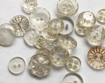 17 vintage plastic buttons - clear cloudy yellow faceted detailed