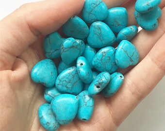 5 x blue howlite stone heart beads - dyed turquoise colour