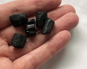 2 Black Tourmaline stone beads - nugget rough raw / faceted bead centre drilled - geometric irregular shape - stone crystal