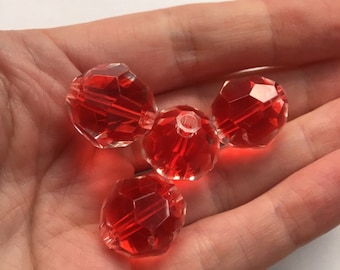 4 x Red Plastic Beads - large, faceted, sparkly - new unused destash