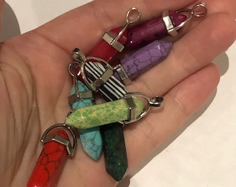 8 x Glass Pendants - plated brass bale, Crystal style hexagon points