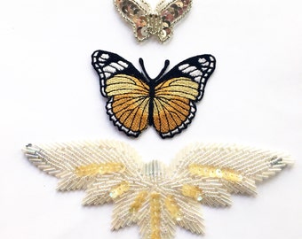 Butterfly Applique - vintage patches - beaded / embroided / sequin - great for decorating clothing / card making / cushions