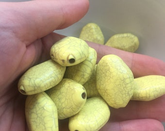 6 x Unusual vintage yellow plastic beads - large, marble / cracked design - oval / diamond shape - great for statement chunky jewellery