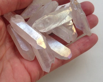 3 x  Aura Quartz Beads - iridescent rainbow plated clear cloudy rock crystal shards / points  - top drilled (so can be made into pendants)