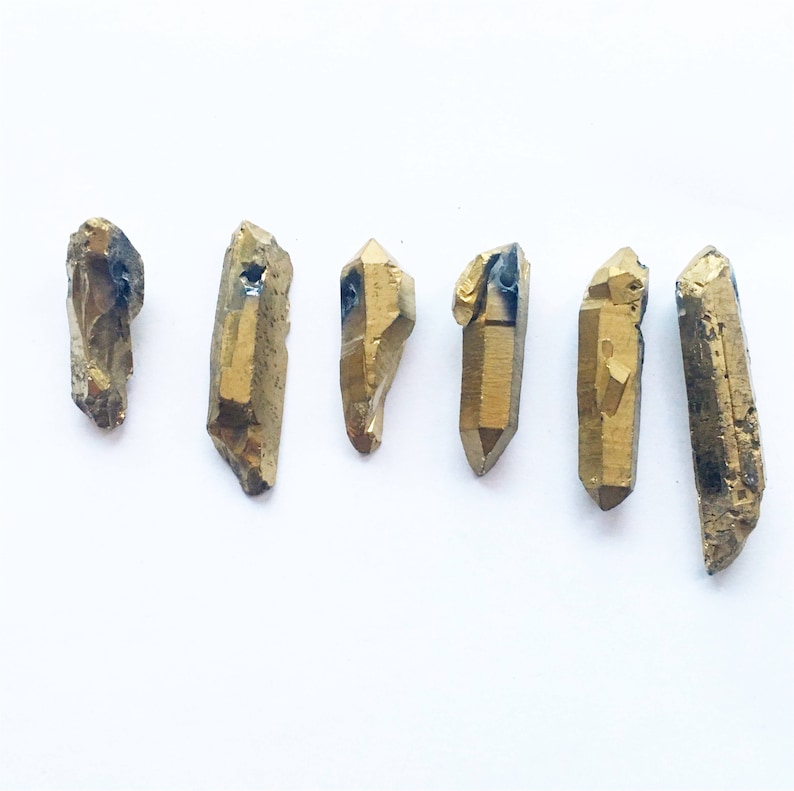 3 x gold coloured aura quartz beads / pendants spirit titanium plated crystal irregular shapes / points shards image 2