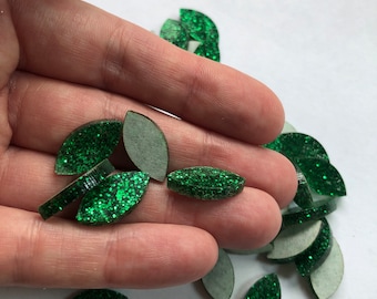 60 Green Glitter Acrylic Flat Shapes - teardrop raindrop oval sparkly emerald tone Earring / Mosaic Cabochon Lot - Perspex Craft Blanks Set