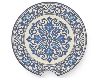 Blue Floral Medallion Soapstone Car Coaster | Round Ceramic Coaster
