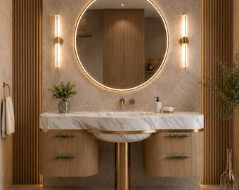 Mueble de baño, lavabo doble extragrande de 190 cm, encimera de mármol Calacatta Oro, estilo moderno y lujoso.