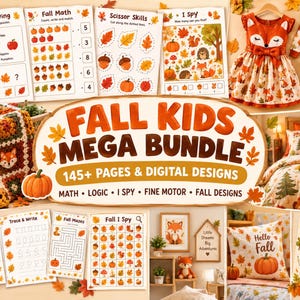 May include: A digital collection titled Fall Kids Mega Bundle featuring 145+ pages of educational worksheets, coloring pages, and mazes with fox and autumn leaf motifs, alongside images of a fox-patterned dress, pajamas, bedding, and a crochet blanket.