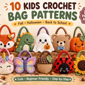 Puede incluir: Un gráfico digital que muestra 10 patrones de bolsos de ganchillo para niños, con diseños como zorro, dinosaurio, fantasma, oso, calabaza, unicornio, mariposa, bellota, mariquita y girasol. El texto dice 10 KIDS CROCHET BAG PATTERNS, PDF PATTERN BUNDLE, Fall, Halloween, Back to School, Cute, Beginner Friendly, Step-by-Step.