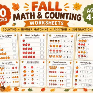 Puede incluir: Un conjunto de 40 hojas de trabajo de matemáticas y conteo con temática otoñal para edades de 4 a 7 años, que incluye actividades como contar calabazas, manzanas y bellotas, sumas y restas, decorado con hojas de otoño, calabazas y un zorro.