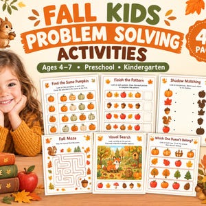 May include: A collection of 40 pages of Fall Kids Problem Solving Activities for ages 4-7, preschool, and kindergarten. The set includes worksheets for finding pumpkins, finishing patterns, shadow matching, mazes, visual searches, and logic puzzles.