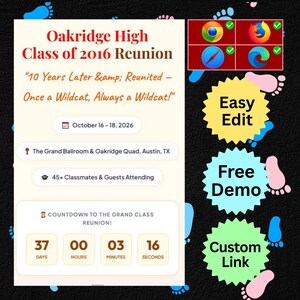Puede incluir: Una invitación digital para la reunión de la clase de 2016 de Oakridge High, con el texto 10 Years Later & Reunited – Once a Wildcat, Always a Wildcat!, detalles del evento del 16 al 18 de octubre de 2026 y un temporizador con iconos de navegador.