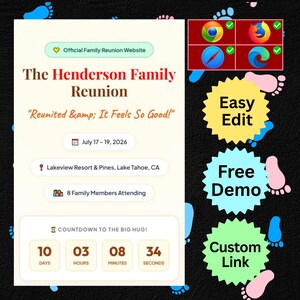 Puede incluir: Una plantilla digital para el sitio web de la reunión familiar Henderson con el texto Reunited & It Feels So Good, detalles del evento del 17 al 19 de julio de 2026 en Lakeview Resort & Pines, Lake Tahoe, CA, y un temporizador de 10 días, 3 horas, 8 minutos, 34 segundos.
