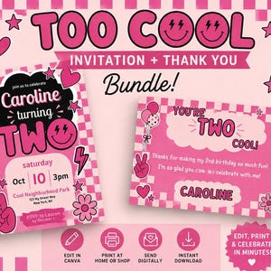 Second Cool Birthday Invitation & Thank You Bundle, Retro Pink Canva Template (Digital Download)