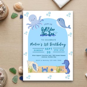 Under the Sea 1st Birthday Invitation Boy, Oneder the Sea Ocean Animal Party Invite, First Birthday Card Template, Ocean Invite Party