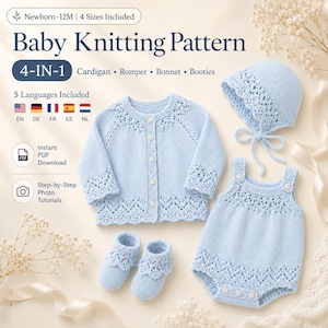 Può includere: Un set di modelli per maglieria per neonati che include un cardigan, una tutina, un berretto e scarpine color azzurro. Il testo recita Baby Knitting Pattern, 4-IN-1 Cardigan, Romper, Bonnet, Booties, Newborn-12M, 4 Sizes Included, 5 Languages Included, Instant PDF Download e Step-by-Step Photo Tutorials.