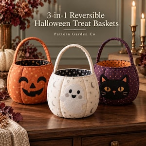 May include: Three round fabric treat baskets with handles. The left basket is orange with a black jack-o'-lantern face. The centre basket is cream with a white ghost. The right basket is purple with a black cat face. Text reads 3-in-1 Reversible Halloween Treat Baskets Pattern Garden Co.