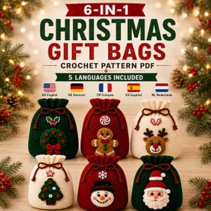 Pode incluir: Um padrão de croché em PDF para 6 sacos de presente de Natal, incluindo seis bolsas com cordão e motivos festivos: coroa, boneco de gengibre, rena, árvore de Natal, boneco de neve e Pai Natal, nas cores vermelho, verde e branco.