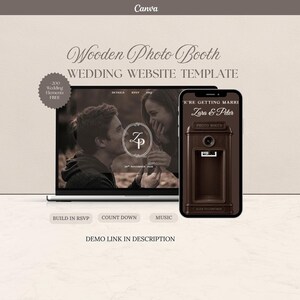 Brown Photo Booth Wedding Website Template, Canva Digital Invitation with Music and Countdown Timer