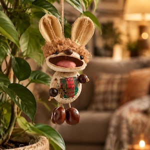 May include: A hanging ornament shaped like a rabbit, crafted from natural materials. It features tan textured ears, curly brown hair, a wide open mouth with a pink tongue, and a small torso decorated with a green and red plaid pattern. Dark brown nut-like beads form the arms and feet, suspended by a thin twine loop.