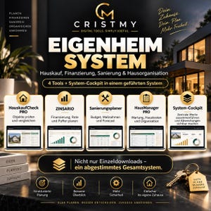 Könnte beinhalten: Ein digitales Immobilienverwaltungssystem namens CRISTMY EIGENHEIM SYSTEM mit fünf Modulen: HauskaufCheck PRO, ZINSARIO, Sanierungplaner, HausManager PRO und System-Cockpit, dargestellt auf Laptop-Bildschirmen mit goldenen Akzenten und Text.