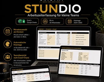 CRISTMY STUNDIO Time Tracking for Teams | Excel & Google Sheets | up to 30 employees