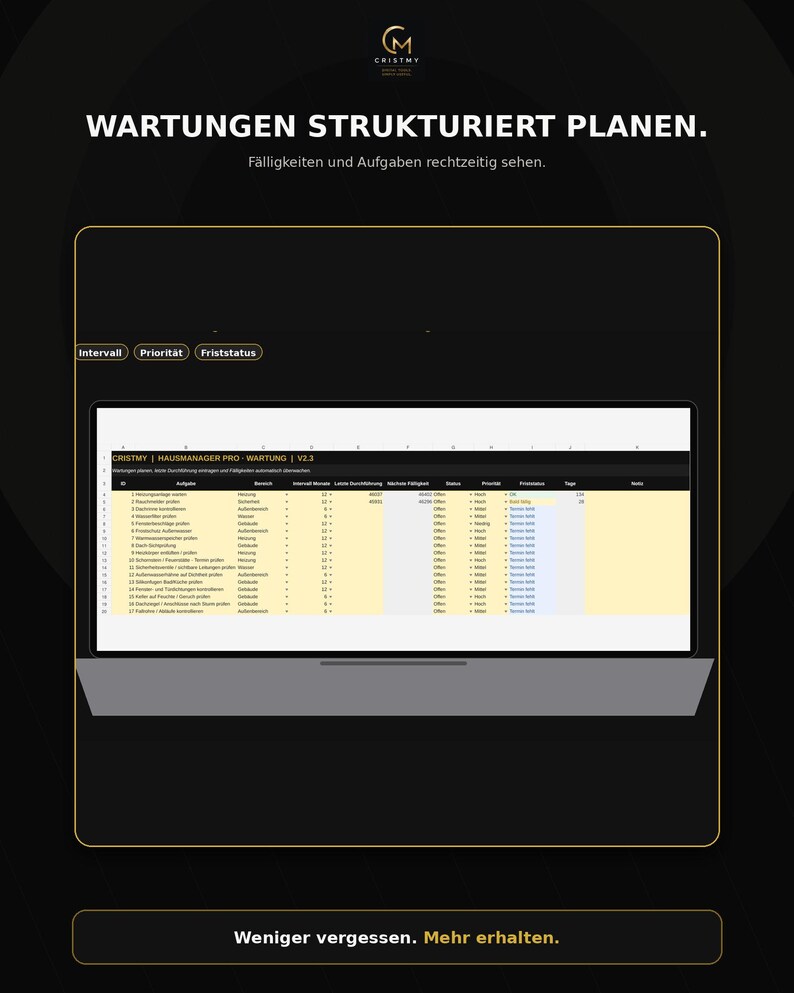 Home Manager Excel (German) | Home Maintenance Plan, Repairs, Costs, Contracts, Equipment & Consumption | Homeowner Planner image 6