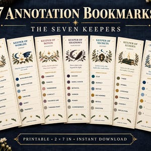 May include: Seven cream-colored paper bookmarks titled 7 ANNOTATION BOOKMARKS THE SEVEN KEEPERS. Each bookmark features unique illustrations, text, and a color-coded annotation key. The text includes 2 x 7 IN INSTANT DOWNLOAD at the bottom.