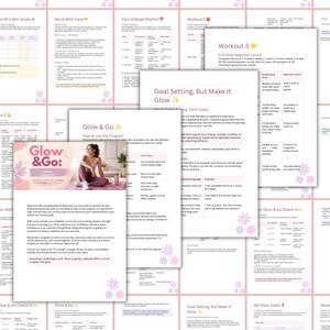 Può includere: Un programma di fitness digitale di più pagine intitolato Glow & Go, caratterizzato da layout rosa e bianchi con accenti floreali. Le pagine includono sezioni per la definizione degli obiettivi, circuiti di allenamento, ritmi settimanali e monitoraggio.