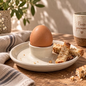 Peut inclure: Un coquetier en céramique crème avec une assiette circulaire intégrée, contenant un œuf brun. L'assiette contient plusieurs mouillettes de pain grillé. Un mug en céramique avec le texte "Pause gourmande" et un cœur est posé à côté.