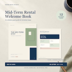 May include: A digital Mid-Term Rental Welcome Book template featuring 12 editable pages in US Letter 8.5 x 11 inch format. The cover displays the text The Mid-Term Stay, while the interior page shows a Receiving deliveries section with navy and sage green accents.