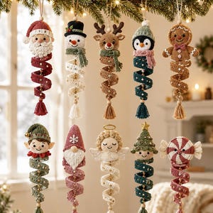 May include: A collection of ten hanging crochet ornaments featuring holiday characters including Santa, a snowman, a reindeer, a penguin, a gingerbread person, an elf, a gnome, an angel, a Christmas tree, and a peppermint candy with spiral tails.