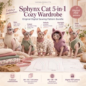 Op de afbeelding: Een digitaal naaipatroonpakket genaamd Sphynx Cat 5-in-1 Cozy Wardrobe, met vijf Sphynx-katten in verschillende kledingstukken: een beige top met hoge hals, groene overslagtop, bloemrijke pyjama, paarse top met capuchon en een groen vest.