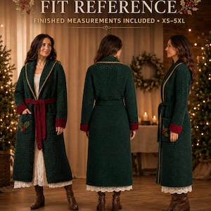 May include: A long, dark green crochet robe featuring a shawl collar with gold trim, deep red cuffs, and a matching red tie belt. The front pockets are decorated with small holly leaf and berry appliqués. Text reads: SIZE-INCLUSIVE FIT REFERENCE.