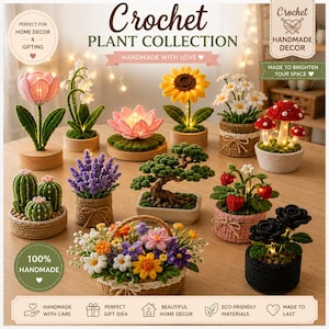 May include: A collection of various crochet plants and flowers, including a tulip, lily of the valley, lotus, sunflower, daisies, mushrooms, cacti, lavender, bonsai, strawberries, a flower basket, and black roses, all illuminated with small LED lights.