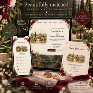 May include: A digital wedding stationery set featuring a tablet, smartphone, and printed card displaying a Tuscan villa illustration, burgundy floral accents, and the text Amelia Rose and James William, 12 September 2027, Villa Oliveto, Tuscany, Italy.