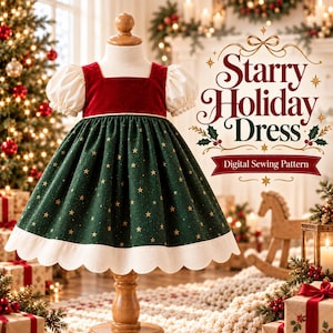 May include: A dress on a mannequin featuring a dark red velvet bodice, cream-coloured puff sleeves, and a dark green skirt with a gold star pattern. The hem is finished with a scalloped cream border. Text reads Starry Holiday Dress Digital Sewing Pattern.