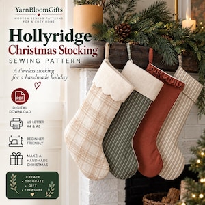 May include: Four Christmas stockings hanging in a row. The first is beige plaid with a scalloped cuff, the second is dark green with white stripes, the third is solid rust with a ruffled cuff, and the fourth is beige with thin brown stripes.