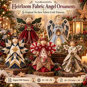 5 tygängelornamentmönster i PDF, sömnadsfria julänglar, julgransdekorationer, utskrivbara sömnadspyssel, gör-det-själv-änglamallar