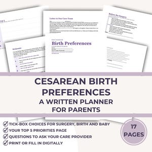 Planificador de preferencias para parto por cesárea / Lista de verificación imprimible para padres sobre el plan de parto por cesárea / Word editable + PDF