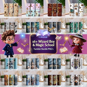 Peut inclure: Une collection de designs numériques pour gobelets présentant des illustrations sur le thème des sorciers, incluant des personnages, des écoles de magie, des baguettes et des livres. L'ensemble affiche divers motifs et scènes avec le texte 16+ Wizard Boy & Magic School.