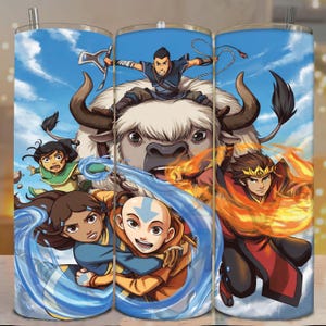 May include: A cylindrical tumbler featuring a vibrant graphic print of characters from Avatar: The Last Airbender. The design displays Aang, Katara, Sokka, and Zuko against a blue sky background with swirling water and fire elements.