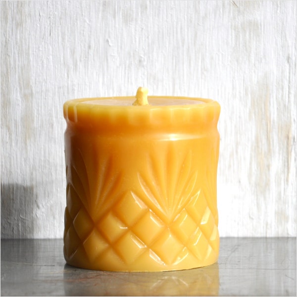 Beeswax Candle: Pineapple, Fleur de Lis Candle, Pure Beeswax Pillar Candle Molded from Mid Century Pressed Glass