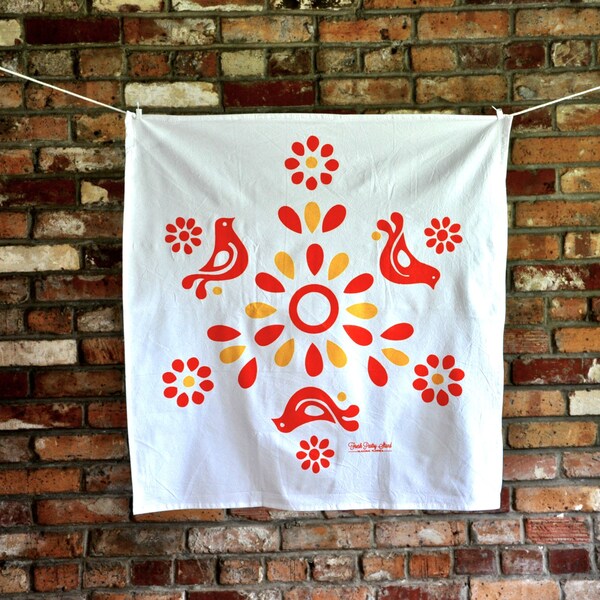 Tea Towel: Orange Bird, Pyrex Friendship, 2 Color Hand Printed Tea Towel, White Cotton -- Soft, Lint Free, Awesome.