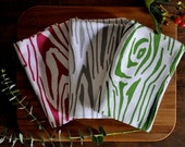 Christmas Bark Flour Sack Tea Towel Set of 6, Screen Print, Red, Green, Silver Gray, Wood Grain Bark
