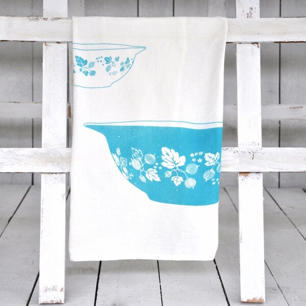 Tea Towel: Vintage Pyrex Turquoise Gooseberry, JAJ Pyrex, Cinderella Bowls-Screen Printed White Cotton -- Soft, Lint Free, Awesome.