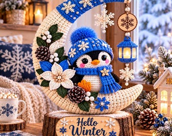 May include: A crocheted crescent moon decoration featuring a penguin wearing a blue hat and scarf, adorned with white flowers, green leaves, pinecones, and snowflakes. A small blue lantern hangs from the moon, which sits on a wooden base labeled Hello Winter.